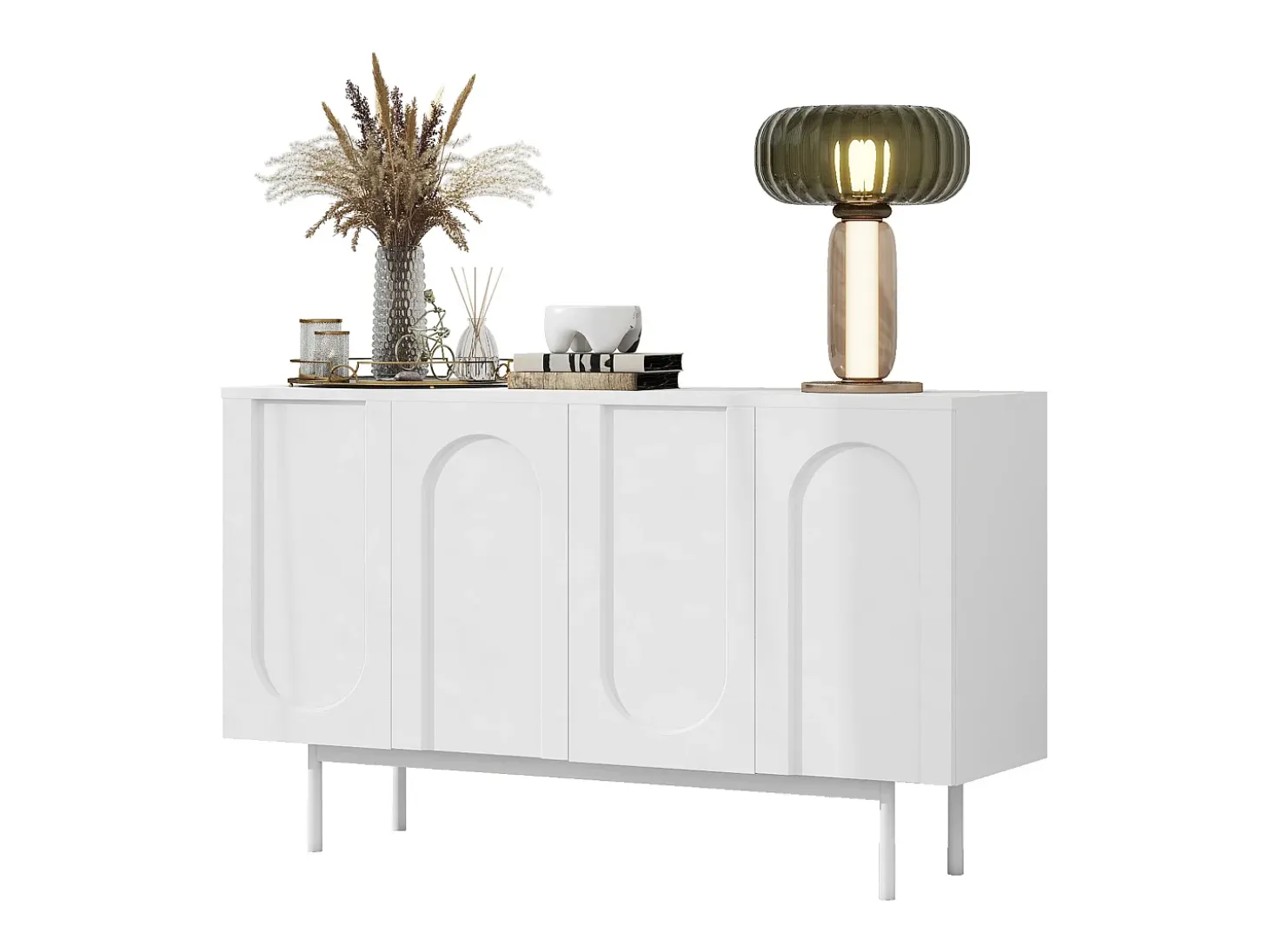 Aparador minimalista moderno con 4 puertas curvas, MDF, blanco (145x80x40 cm)