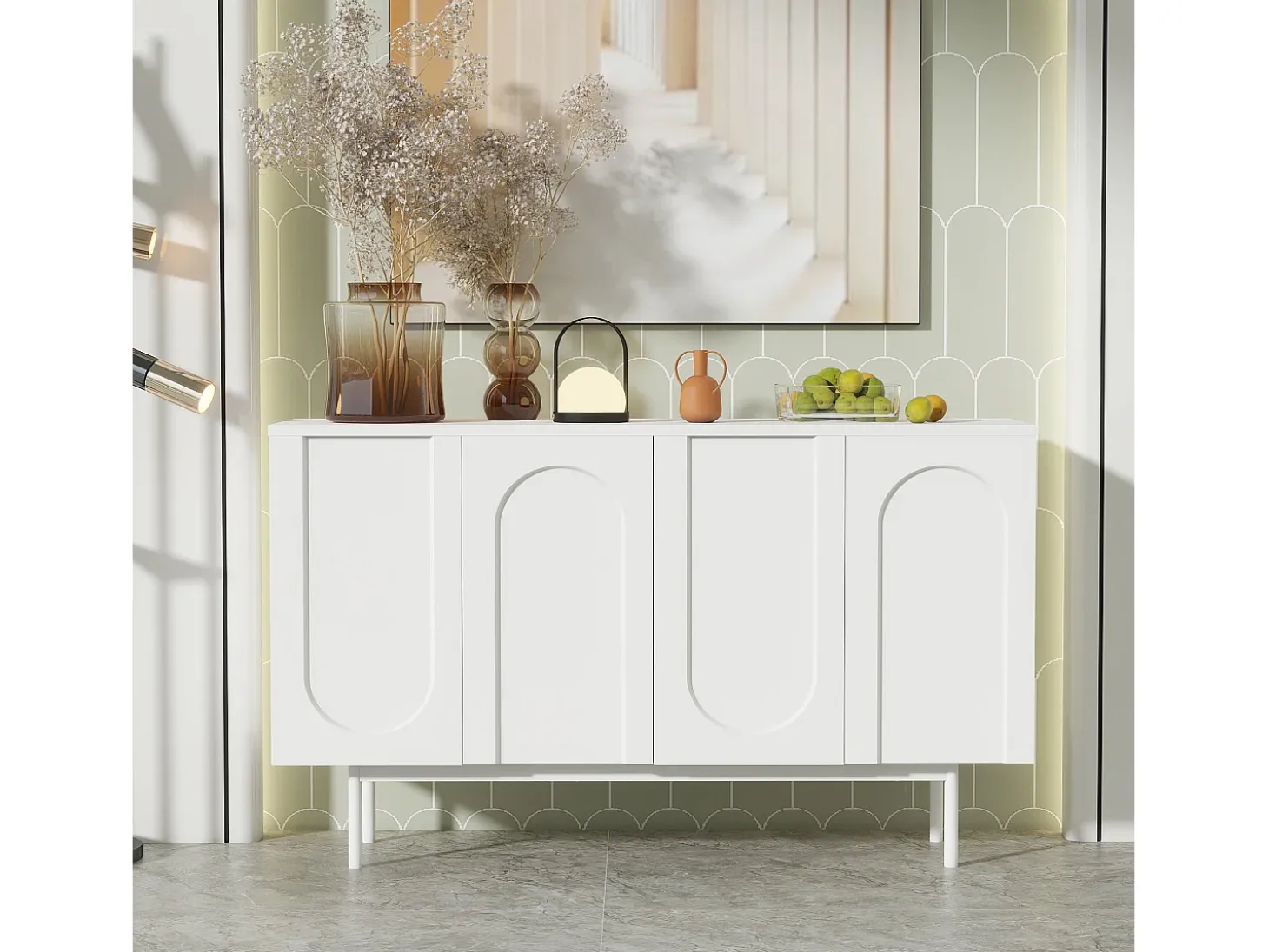 Aparador minimalista moderno con 4 puertas curvas, MDF, blanco (145x80x40 cm)