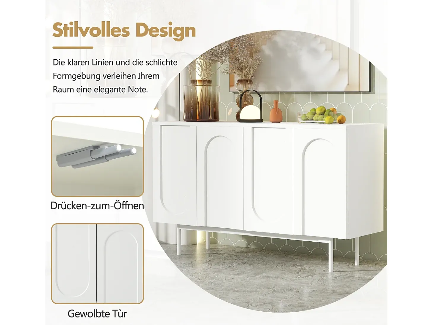 Aparador minimalista moderno con 4 puertas curvas, MDF, blanco (145x80x40 cm)