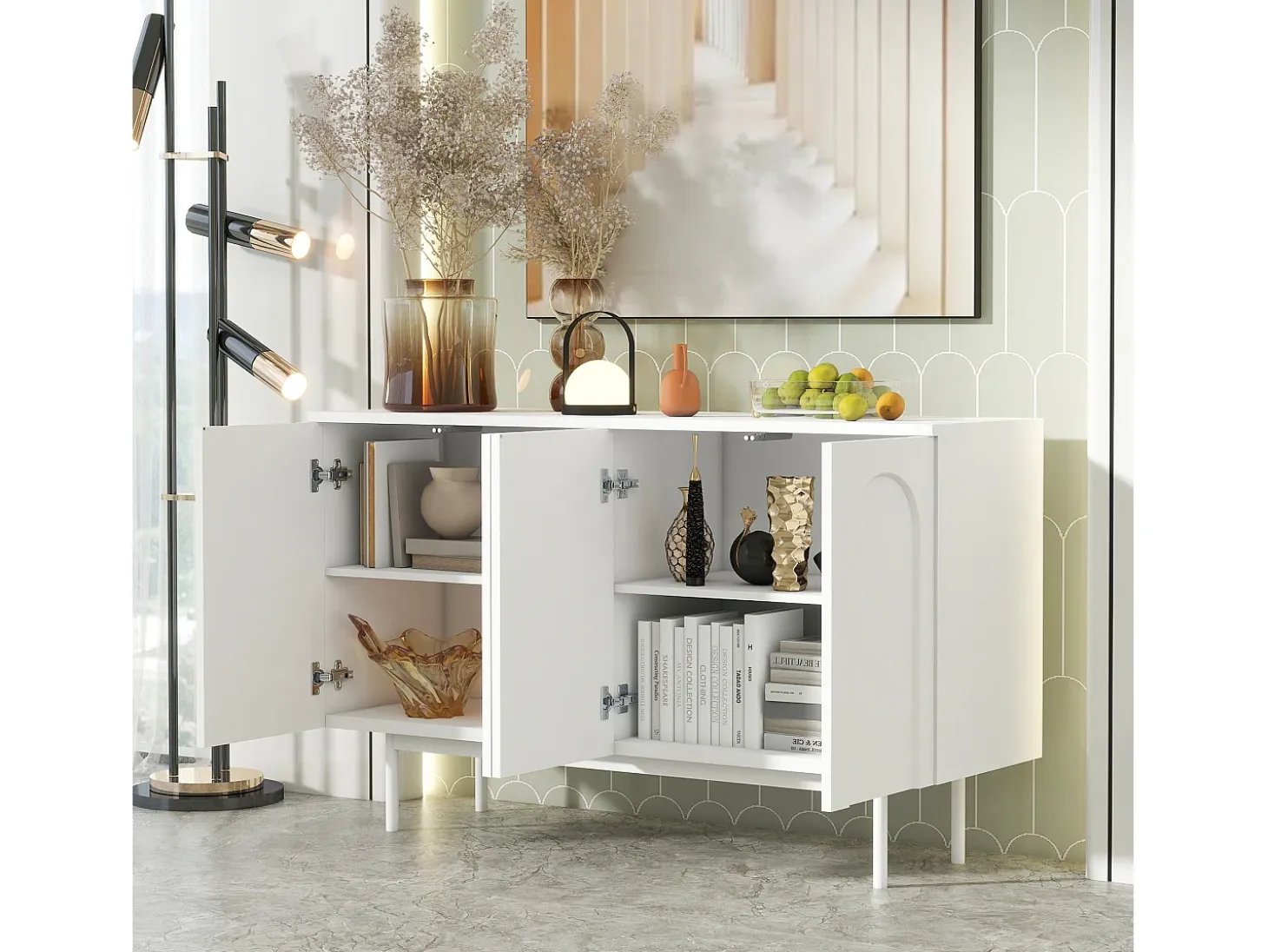 Aparador minimalista moderno con 4 puertas curvas, MDF, blanco (145x80x40 cm)
