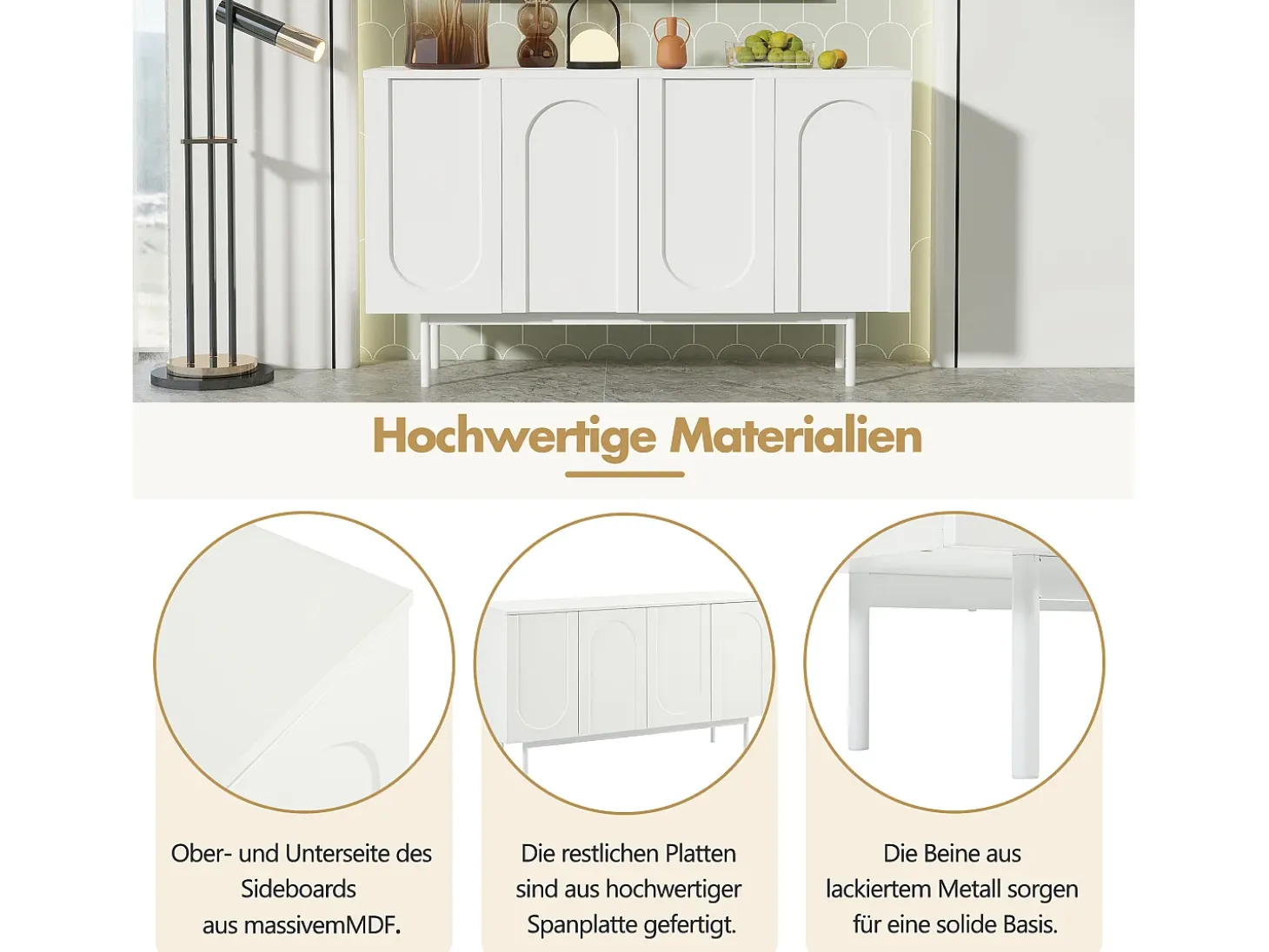 Aparador minimalista moderno con 4 puertas curvas, MDF, blanco (145x80x40 cm)