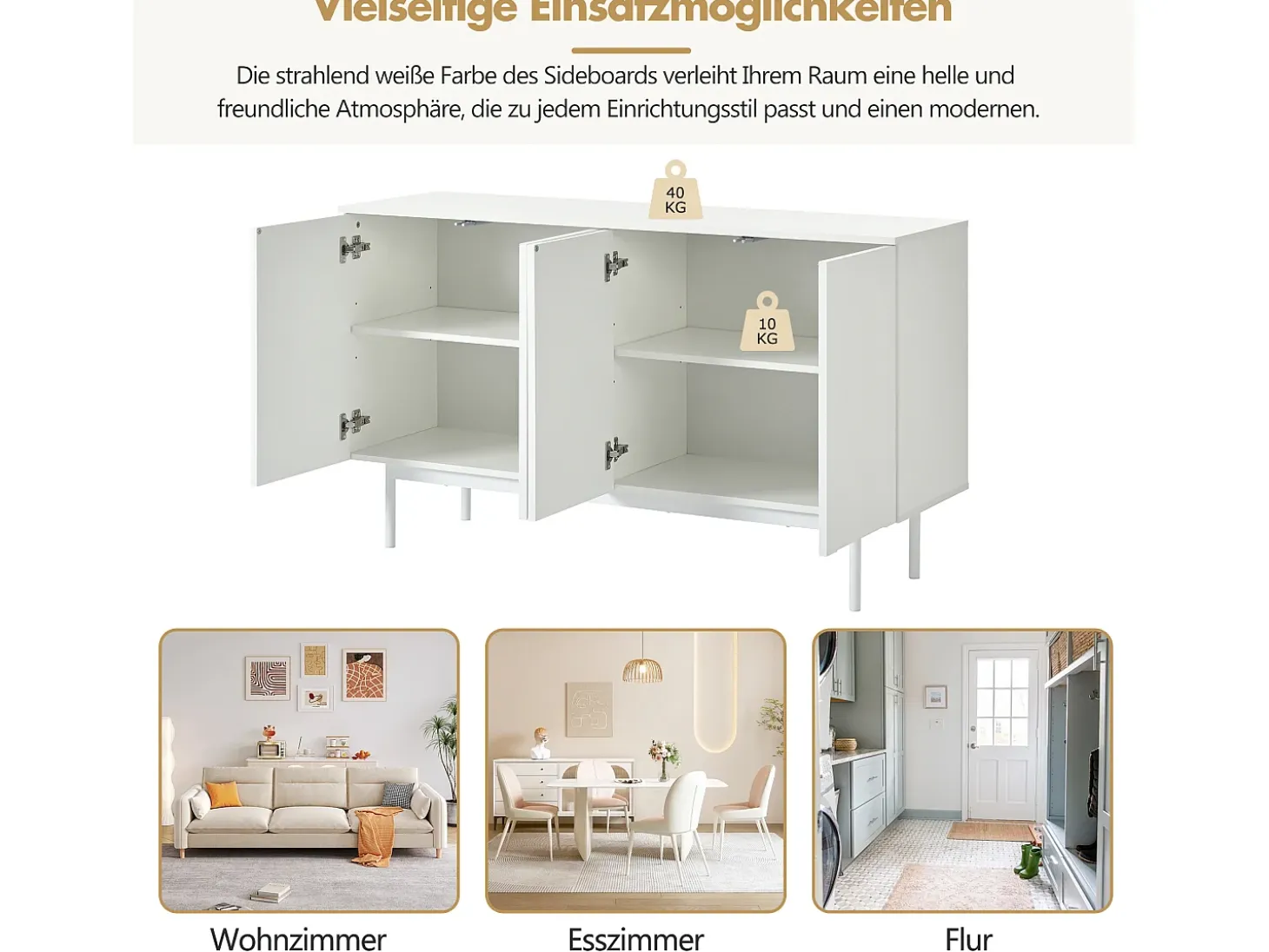 Aparador minimalista moderno con 4 puertas curvas, MDF, blanco (145x80x40 cm)