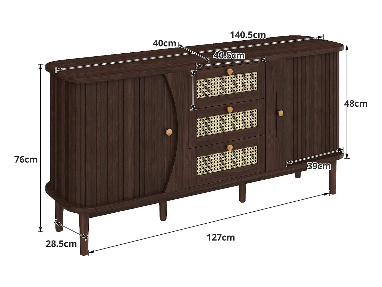 Aparador moderno - 2 puertas de ratán con 3 cajones - Marrón