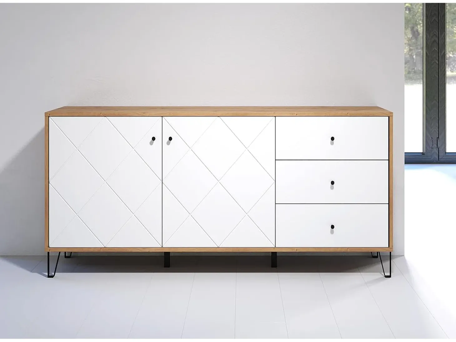 Aparador Moderno | 2 Puertas y 3 Cajones con Relieves Geométricos | Laminado Sintético y DM | Patas Metálicas Color Negro | Roble y Blanco Mate