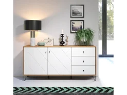 Aparador Moderno | 2 Puertas y 3 Cajones con Relieves Geométricos | Laminado Sintético y DM | Patas Metálicas Color Negro | Roble y Blanco Mate