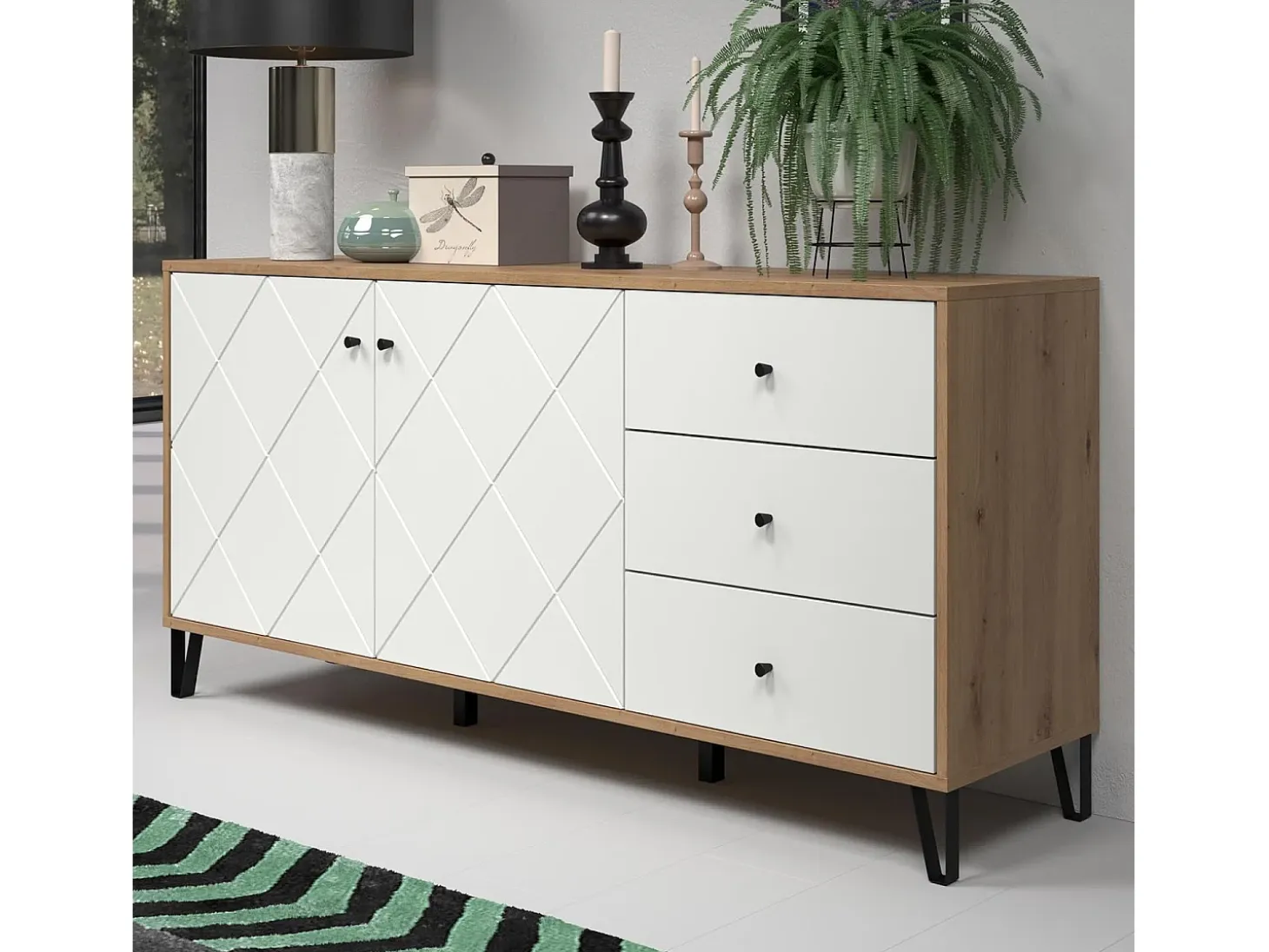Aparador Moderno | 2 Puertas y 3 Cajones con Relieves Geométricos | Laminado Sintético y DM | Patas Metálicas Color Negro | Roble y Blanco Mate