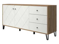 Aparador Moderno | 2 Puertas y 3 Cajones con Relieves Geométricos | Laminado Sintético y DM | Patas Metálicas Color Negro | Roble y Blanco Mate