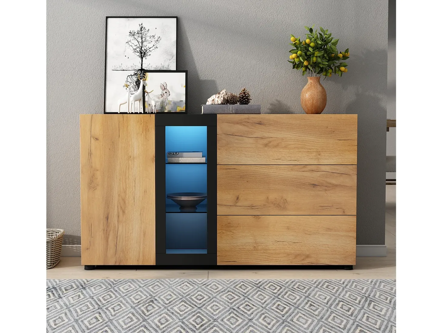 Aparador moderno - 140 x 40 x 80 cm - con 3 cajones + 1 puerta + 3 espacios de almacenamiento - tablero de partículas - natural