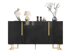 Aparador moderno - 152 x 40 x 75 cm - con 4 puertas + patas doradas - MDF - negro