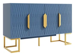 Aparador moderno - 140 x 40 x 80 cm - con 4 puertas y 2 estantes ajustables - patas doradas - MDF + metal - azul