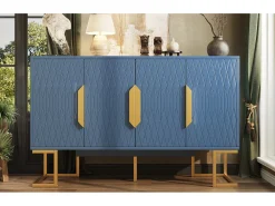 Aparador moderno - 140 x 40 x 80 cm - con 4 puertas y 2 estantes ajustables - patas doradas - MDF + metal - azul
