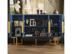 Aparador moderno - 140 x 40 x 80 cm - con 4 puertas y 2 estantes ajustables - patas doradas - MDF + metal - azul