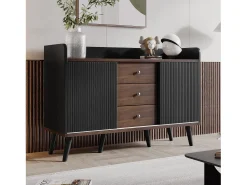 Aparador moderno, 3 cajones, diseño de madera, con estantes de almacenamiento, tablero de partículas, negro y madera (117,5x40x80 cm)