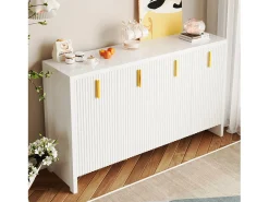 Aparador moderno, 4 puertas, 4 cajones, MDF, blanco con detalles dorados (140x38x80 cm)