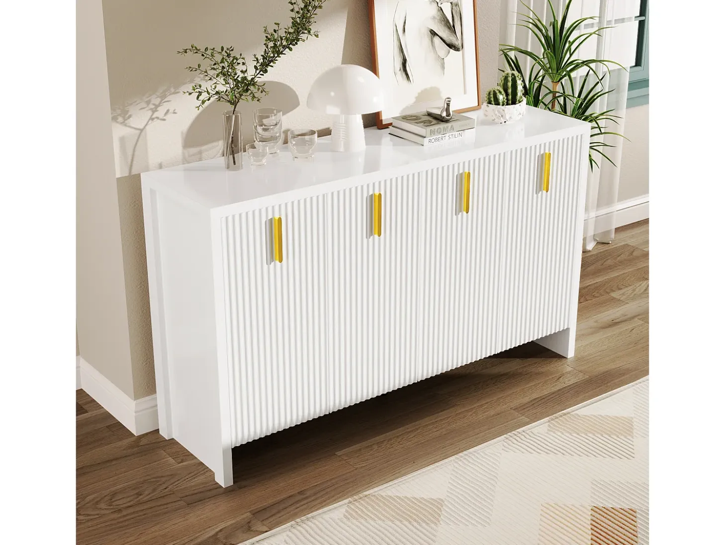 Aparador moderno, 4 puertas, 4 cajones, MDF, blanco con detalles dorados (140x38x80 cm)