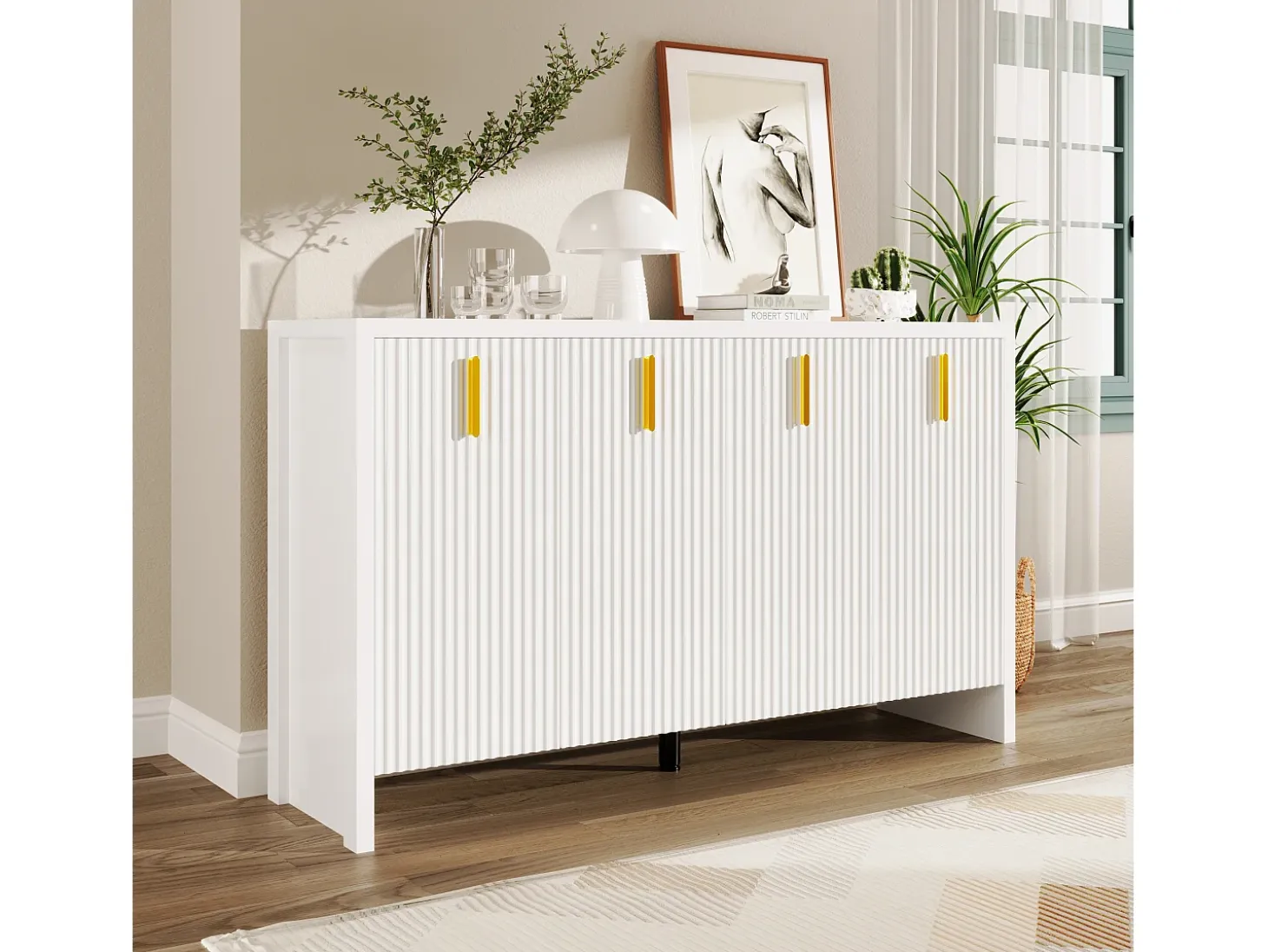 Aparador moderno, 4 puertas, 4 cajones, MDF, blanco con detalles dorados (140x38x80 cm)
