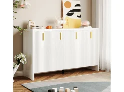 Aparador moderno, 4 puertas, 4 cajones, MDF, blanco con detalles dorados (140x38x80 cm)