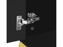 Aparador moderno, 4 puertas, 4 cajones, acabado madera y negro, con detalles dorados (140x37,8x82 cm)