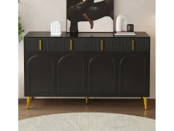 Aparador moderno, 4 puertas, 4 cajones, acabado madera y negro, con detalles dorados (140x37,8x82 cm)