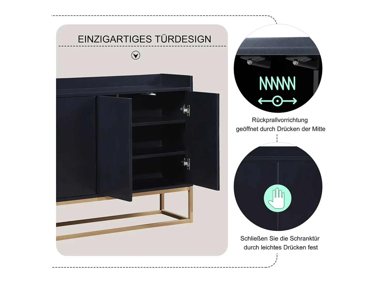 Aparador Moderno 120 x 30 x 80 cm - Aparador Estilo Minimalista con 4 Puertas para Comedor, Salón, Cocina - Negro