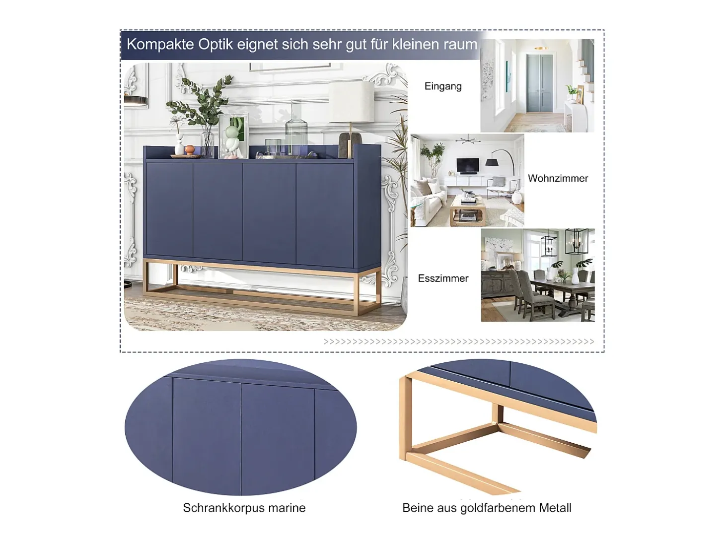 Aparador Moderno 120 x 30 x 80 cm - Aparador Estilo Minimalista con 4 Puertas para Comedor, Salón, Cocina - Azul Marino