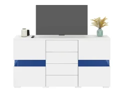 Aparador moderno brillante - 145 x 35 x 72 cm - con 2 puertas + 4 cajones + LED - MDF - blanco