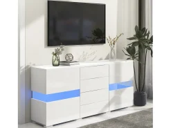 Aparador moderno brillante - 145 x 35 x 72 cm - con 2 puertas + 4 cajones + LED - MDF - blanco