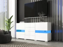 Aparador moderno brillante - 145 x 35 x 72 cm - con 2 puertas + 4 cajones + LED - MDF - blanco