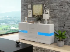 Aparador moderno brillante - 145 x 35 x 72 cm - con 2 puertas + 4 cajones + LED - MDF - blanco