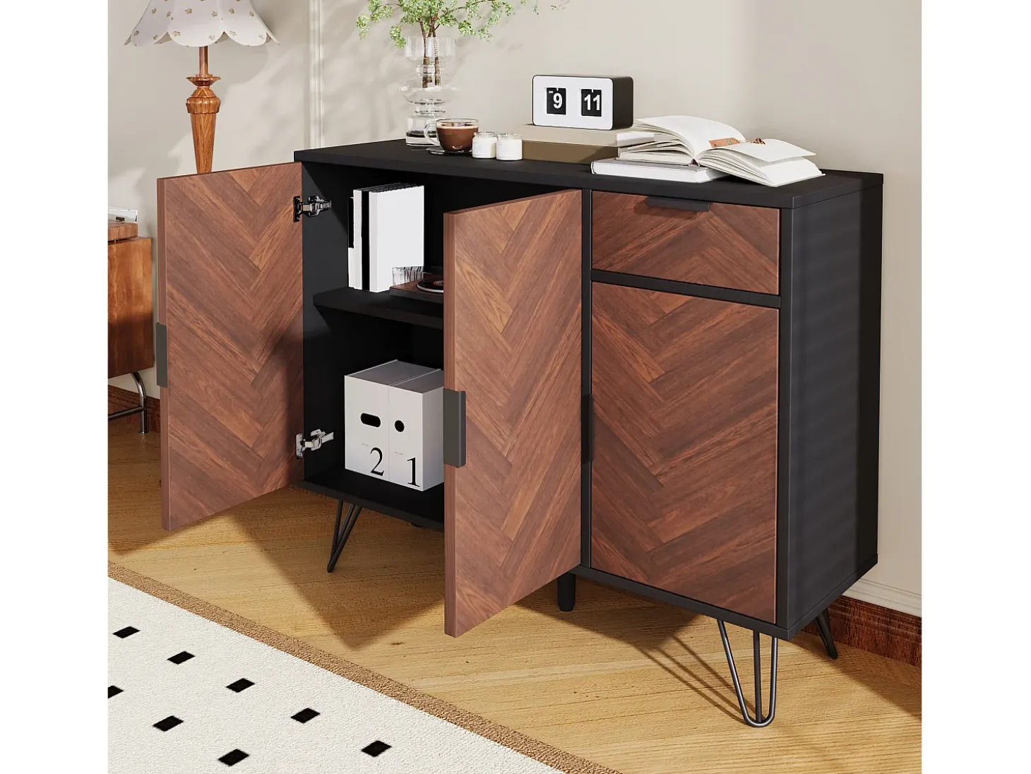 Aparador moderno con 1 cajón y estantes regulables, fabricado en MDF y tablero de partículas, color negro y madera (90x30x71,5 cm)