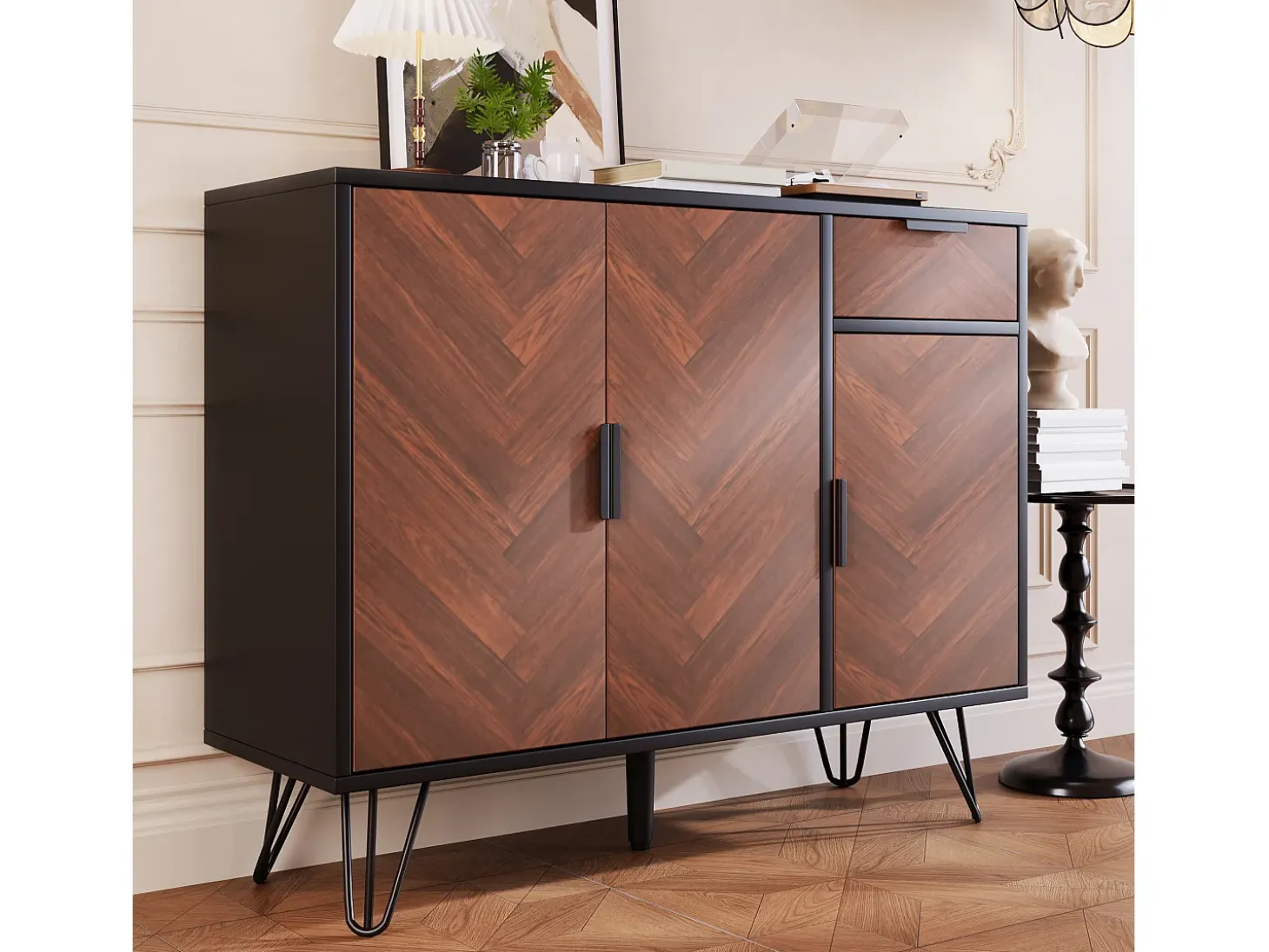 Aparador moderno con 1 cajón y estantes regulables, fabricado en MDF y tablero de partículas, color negro y madera (90x30x71,5 cm)