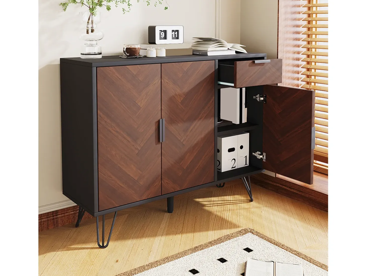 Aparador moderno con 1 cajón y estantes regulables, fabricado en MDF y tablero de partículas, color negro y madera (90x30x71,5 cm)