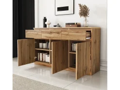 Aparador moderno con 3 cajones y 3 puertas - 135 x 40 x 81 cm - Tablero de partículas - para comedor - Color madera