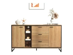 Aparador moderno con 3 puertas y 4 cajones, diseño madera y blanco, 160x40x77 cm