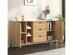 Aparador moderno con 3 puertas y 4 cajones, diseño madera y blanco, 160x40x77 cm