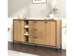 Aparador moderno con 3 puertas y 4 cajones, diseño madera y blanco, 160x40x77 cm