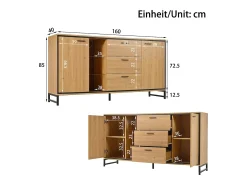 Aparador moderno con 3 puertas y 4 cajones, diseño madera y blanco, 160x40x77 cm