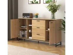 Aparador moderno con 3 puertas y 4 cajones, diseño madera y blanco, 160x40x77 cm