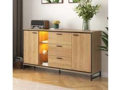 Aparador moderno con 3 puertas y 4 cajones, diseño madera y blanco, 160x40x77 cm