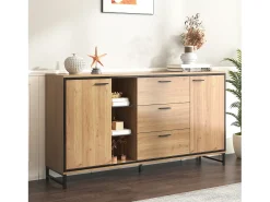 Aparador moderno con 3 puertas y 4 cajones, diseño madera y blanco, 160x40x77 cm