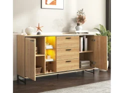 Aparador moderno con 3 puertas y 4 cajones, diseño madera y blanco, 160x40x77 cm