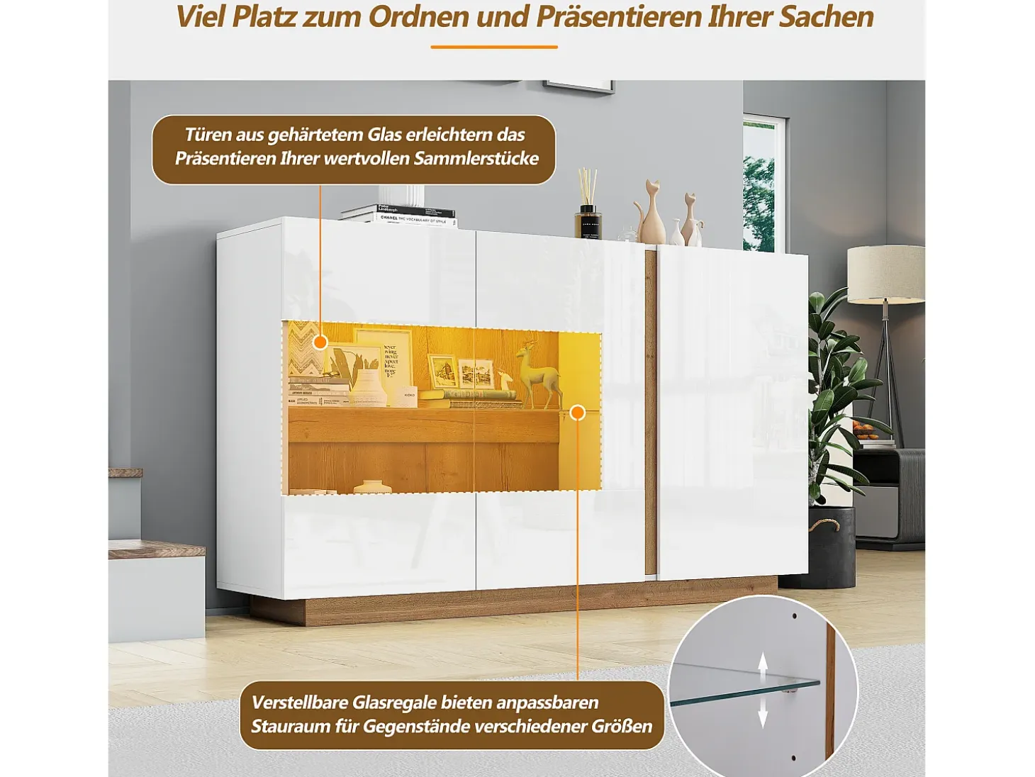 Aparador moderno con 3 puertas - 138 x 38 x 90,5 cm - Tablero de partículas - Para salón, comedor - Blanco