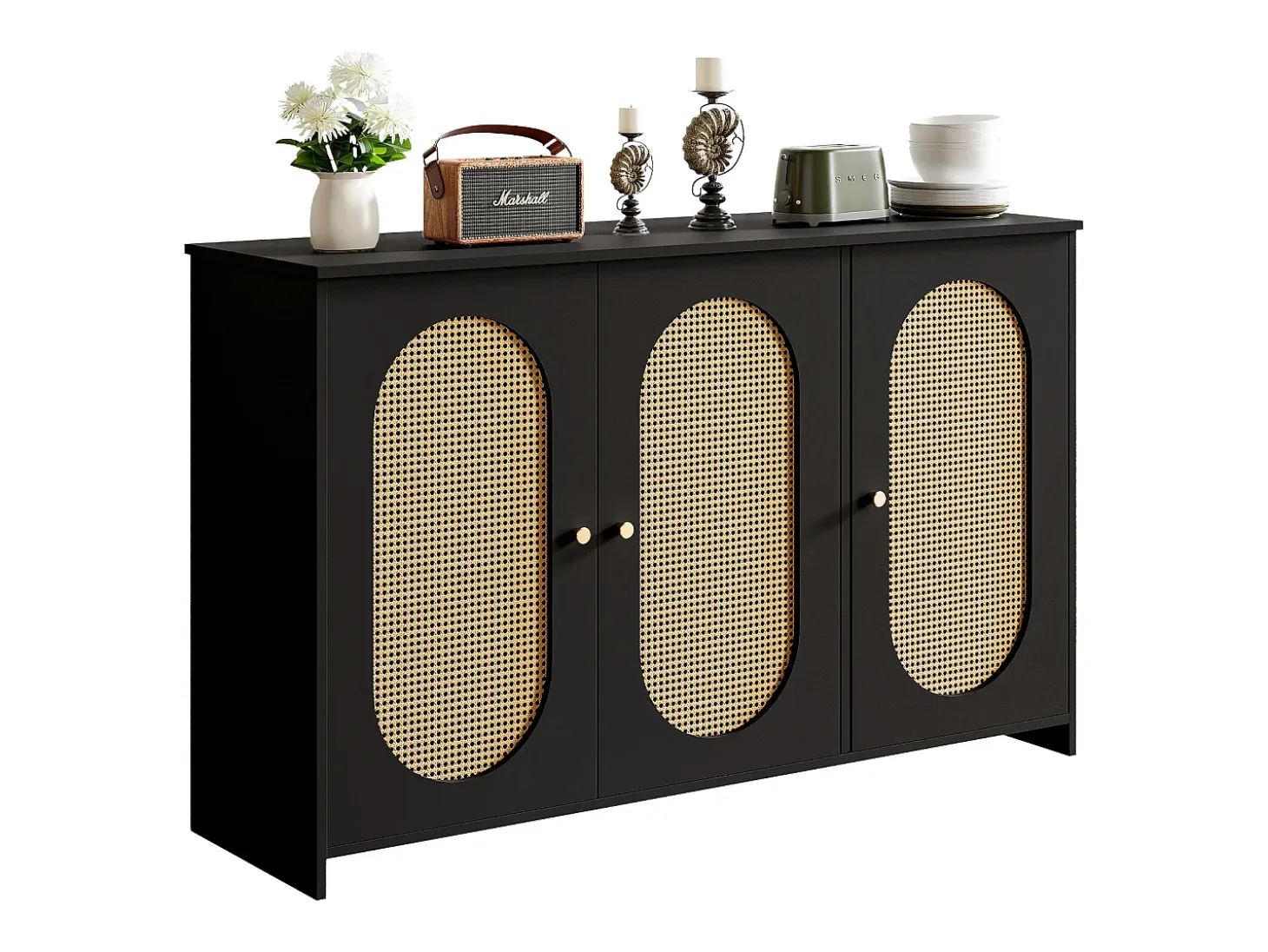 Aparador moderno con 3 puertas en imitación ratán - 125 x 38 x 78 cm - Madera MDF - Negro