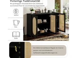 Aparador moderno con 3 puertas en imitación ratán - 125 x 38 x 78 cm - Madera MDF - Negro