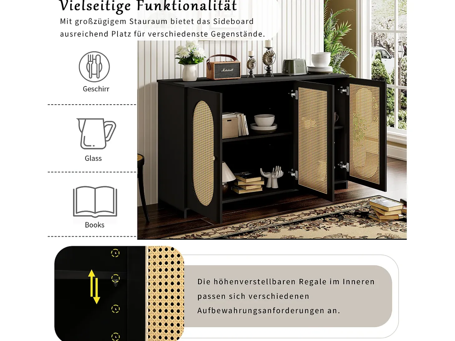 Aparador moderno con 3 puertas en imitación ratán - 125 x 38 x 78 cm - Madera MDF - Negro