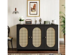 Aparador moderno con 3 puertas en imitación ratán - 125 x 38 x 78 cm - Madera MDF - Negro