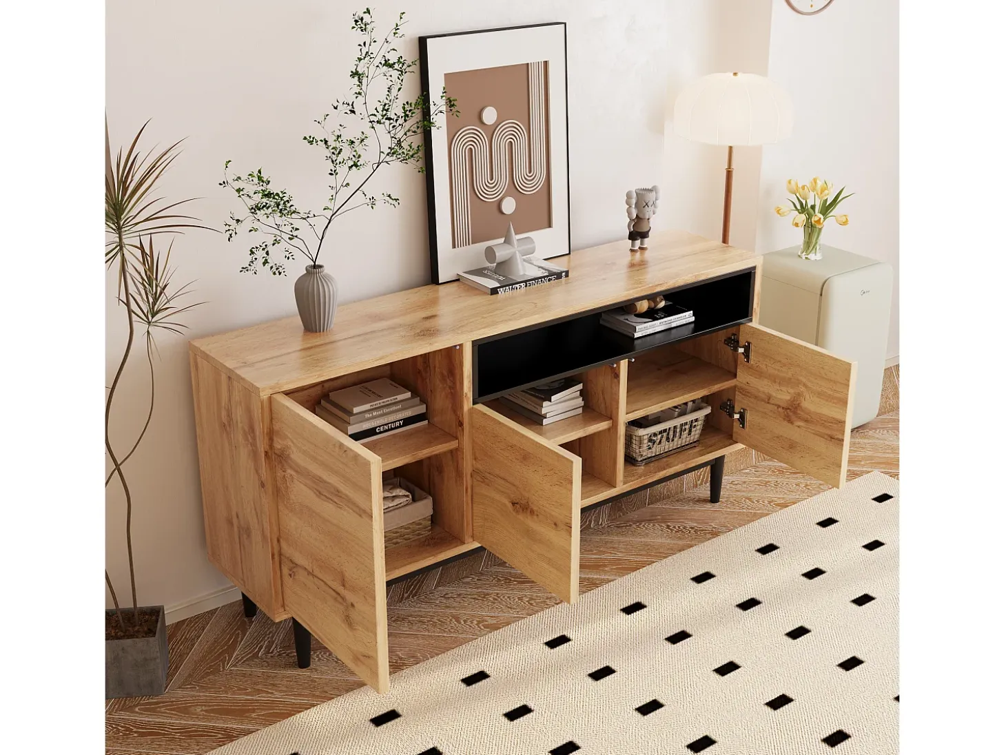 Aparador moderno con 3 puertas y estante - Madera MDF - Color natural y negro - 160 x 35 x 76 cm