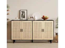 Aparador moderno con 4 puertas de ratán y patas de madera, armario de cocina, negro
