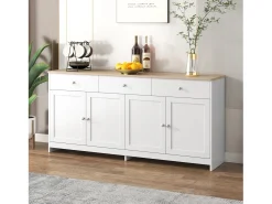 Aparador Moderno con 4 Puertas y 3 Cajones, Buffet para Comedor y Salón, 160 x 37 x 75 cm - Blanco Antiguo + Madera Natural