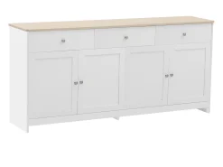 Aparador Moderno con 4 Puertas y 3 Cajones, Buffet para Comedor y Salón, 160 x 37 x 75 cm - Blanco Antiguo + Madera Natural